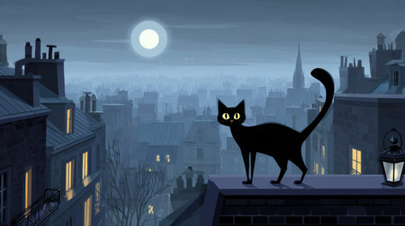 A black cat sits on a rooftop at night, overlooking a European city skyline illuminated by a full moon, representing mystery in folklore.の素材