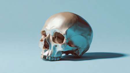 A detailed 3D rendering of a human skull positioned on a simple blue surface, highlighting the shape and features of the skull without distractionsの素材