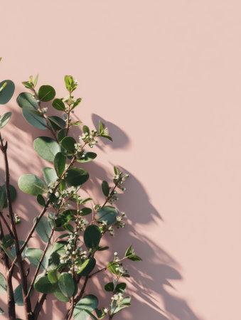 Spring leaves rest gently against a blush pink background. The subtle shadows create an elegant and inviting atmosphere for various uses.の素材
