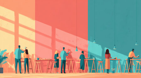 A team works together to paint the walls of an office space, with empty desks showing the workspaces open layout and design.の素材