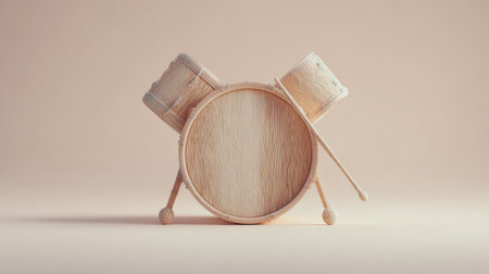 Wooden drum set with drumsticks is arranged on a simple white background highlighting the design and structure of the instruments.の素材