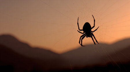 A spider weaves its intricate web at dawn in Africa.の素材
