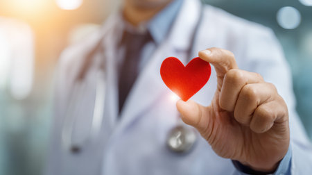 Doctor shows red heart cutout in a healthcare setting to emphasize heart function and the importance of disease prevention and medical diagnosis.の素材