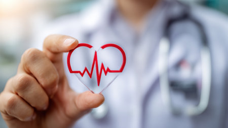 A doctor holds a red heart cutout to discuss heart function and disease prevention during a healthcare consultation in a medical facility.の素材