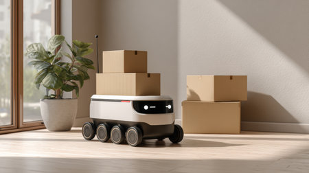 Robot navigates indoor space transporting packages while avoiding obstacles on a smooth floor during daylight.の素材