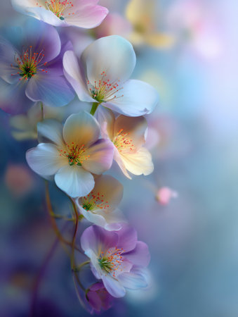 Spring flowers create a soft background, blending colors with an empty area for advertisements or text, suitable for various promotions.の素材