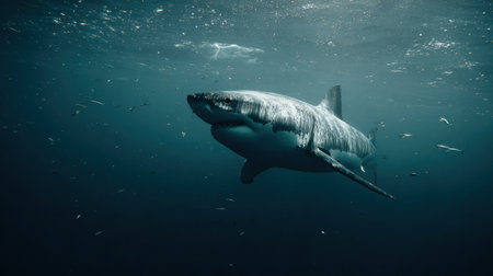 A large shark glides through the deep blue ocean, showcasing its powerful form while small fish dart around it, creating a serene underwater scene.の素材