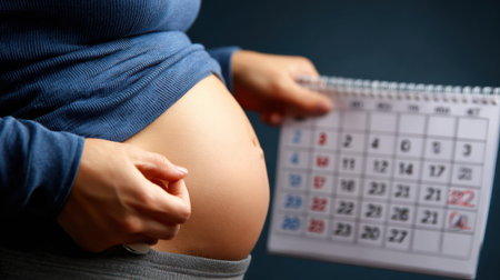 Individual squeezes their belly while holding a weight loss calendar, focusing on fitness goals and personal health.の素材