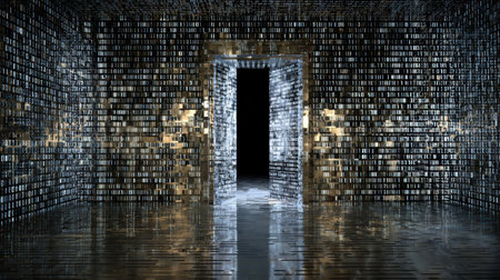 A bank vault door is glitching and opening, revealing a dark interior. The scene represents a futuristic crime vision of financial hacking.の素材