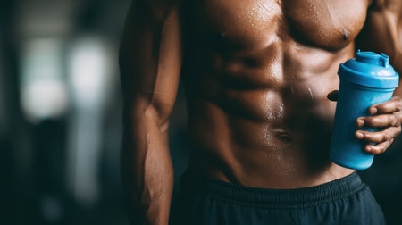 A person in workout gear is squeezing their belly while holding a blue protein shaker, embodying dedication to fitness and diet.の素材