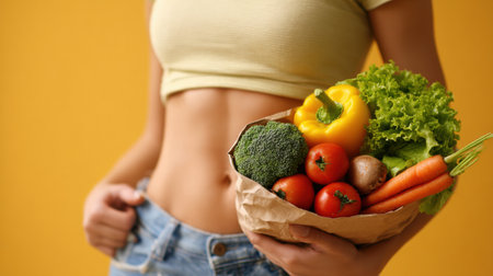 Close-up view of a person holding a shopping bag filled with fresh vegetables, showing commitment to healthy eating and weight loss.の素材