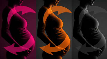 A sequence showing the progression of a pregnant belly in three stages, highlighted with infographic arrows and vivid background colors.の素材