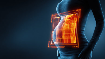 Advanced thermal scanning technology is used to analyze fat distribution on the belly in a modern health evaluation setting.の素材