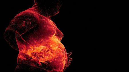 The graphic illustrates a person with a highlighted belly showing visceral fat, emphasizing health impacts and body image concerns.の素材