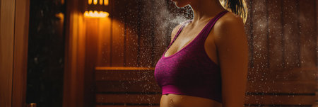 A person is in a sauna, sweating heavily as they focus on detox and weight loss while enjoying a calming atmosphere.の素材