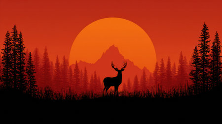 A tranquil scene of deer silhouetted against a vibrant sunrise behind high mountain peaks in a peaceful wilderness setting.の素材