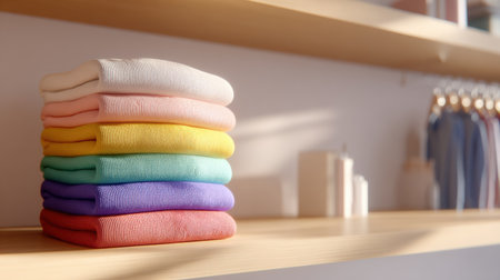 Brightly colored sweaters arranged neatly on a wooden shelf create a welcoming and stylish display in a cozy space.の素材