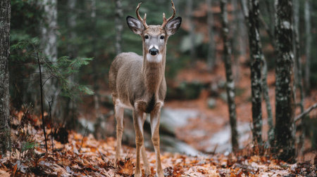 A deer stands calmly in a forest, surrounded by fallen leaves and tall trees. The scene captures autumns beauty and tranquility.の素材