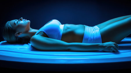 A person undergoes a laser fat reduction procedure focused on the belly in a modern fitness technology environment, illuminated by soft blue lights.の素材