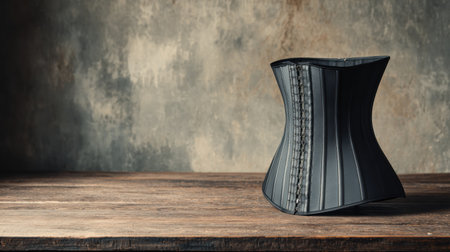 A black waist trainer corset is placed on a rustic wooden table against a textured background, symbolizing weight loss trends.の素材