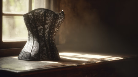 A waist trainer corset sits on a wooden table, showing the weight loss trend in a softly lit room during the day.の素材
