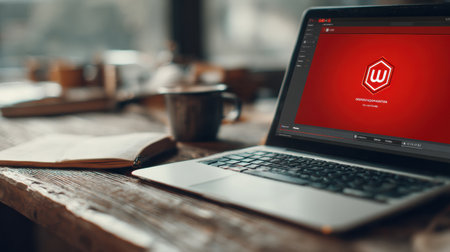 A browser displays a red warning overlay indicating potential phishing while a laptop sits on a wooden table in a cozy workspace.の素材