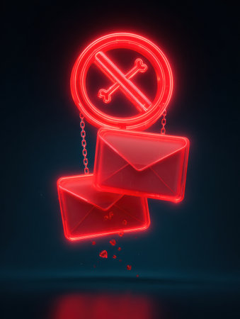 Visual representation of an anti-spam filter featuring email icons in a clean, neon style, emphasizing digital defense against threats.の素材