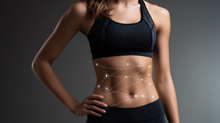 A detailed view of belly fat is illustrated on a real person looking fit in a dark environment, promoting health awareness and fitness.の素材