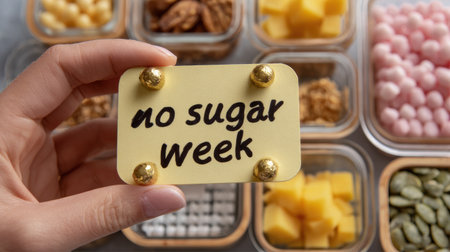 Hand holding a note saying no sugar week beside neatly arranged meal prep containers filled with healthy snacks.の素材