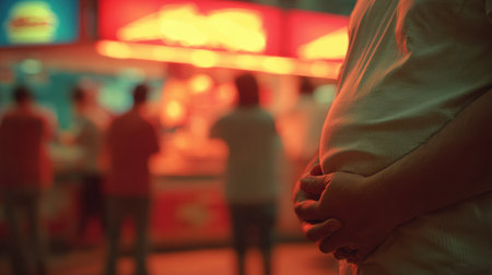A person squeezes their belly, indicating temptation, with a blurred fast food sign visible in the background at a bustling night market.の素材