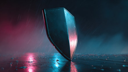 An antivirus shield resists a swirling storm of malware particles in a dramatic display of cyber defense under moody lighting.の素材