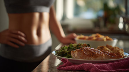 A person is standing by a kitchen counter preparing a low-carb dinner while showing a commitment to healthy homemaking.の素材