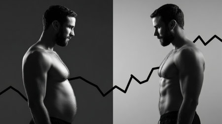 Belly silhouette transformation graphic highlights the fitness journey of a man, set against a training backdrop, emphasizing change and progress.の素材