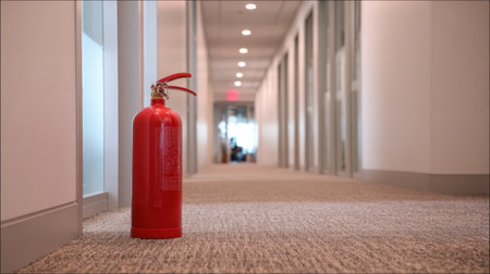 A red fire extinguisher stands prominently in a clean corridor, showing safety measures in a contemporary workplace environment.の素材