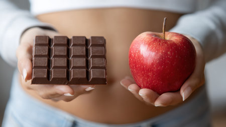 A person holds an apple in one hand and a chocolate bar in the other, emphasizing the choice between healthy and indulgent snacks.の素材