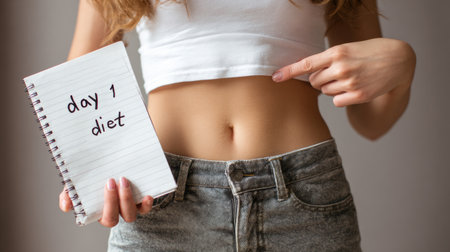 Belly pinch indicating progress beside a notebook focused on diet goals written as day 1 to inspire healthy habits.の素材