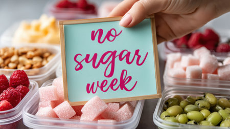 A hand places a colorful note saying no sugar week besides various healthy meal prep containers filled with snacks and fruits.の素材