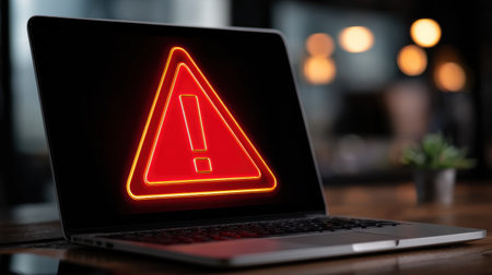 Alert notification about a potential bank account breach appears on a laptop screen, indicating a cybercrime threat with a striking design.の素材