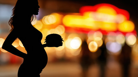 A pregnant woman holds a burger while experiencing cravings, with a blurred fast food logo in the background at night.の素材