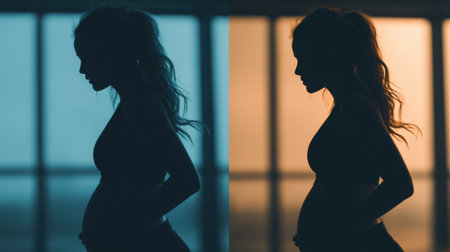 Silhouette of a pregnant woman highlights transformation in a sleek and stylish training environment at twilight.の素材