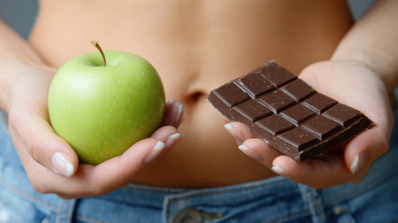 A person holds a green apple in one hand and a chocolate bar in the other, representing a choice between healthy and indulgent options.の素材