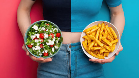 A person holds two contrasting bowls, one filled with fresh salad and the other with crispy fries, highlighting dietary choices.の素材