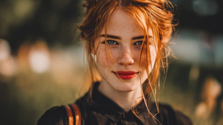 A young woman with striking red hair and freckles stands in a park, smiling brightly amidst vibrant greenery on a sunny day.の素材