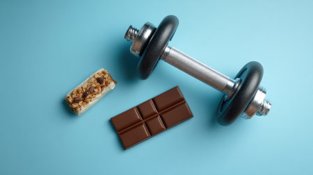 A dumbbell rests next to a protein bar and chocolate, symbolizing the balance between fitness and nutrition for weight management.の素材