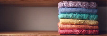 Colorful sweaters are neatly arranged in a stack on a wooden shelf, illuminated by gentle lighting that enhances the cozy atmosphere.の素材
