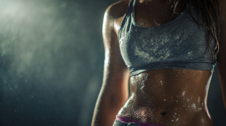Midsection glistens with sweat and chalk, capturing the effort of hardcore training in a dimly lit gym after intense weightlifting.の素材