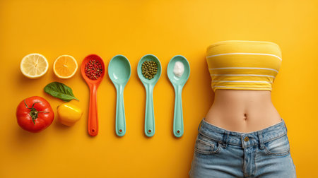 A person is squeezing their belly next to bright measuring spoons filled with fresh ingredients, showing a healthy kitchen lifestyle.の素材