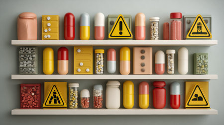 Brightly colored pills tumble from a shelf filled with warning signs against a light background, suggesting potential hazards.の素材