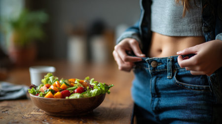 A person stands with unbuttoned jeans, looking at a fresh salad on the table, reflecting aspirations for a healthier lifestyle.の素材