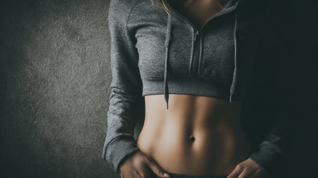 A person is wearing a workout hoodie, revealing a hint of their belly, showing a relaxed fitness vibe in an intimate setting.の素材